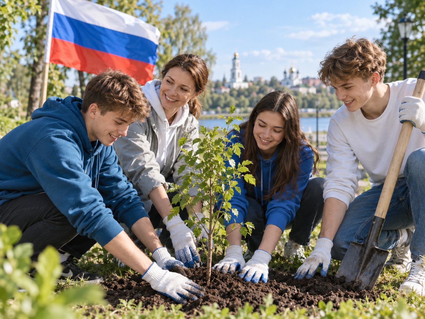 Иллюстрация: педагог и подростки участвуют в озеленении родного города